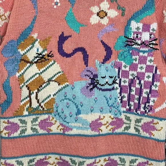 Berek 1989 Hand-Knit Cat Sweater Cardigan + Vintage Cat Brooch 100% Pima Cotton - Picture 7 of 8